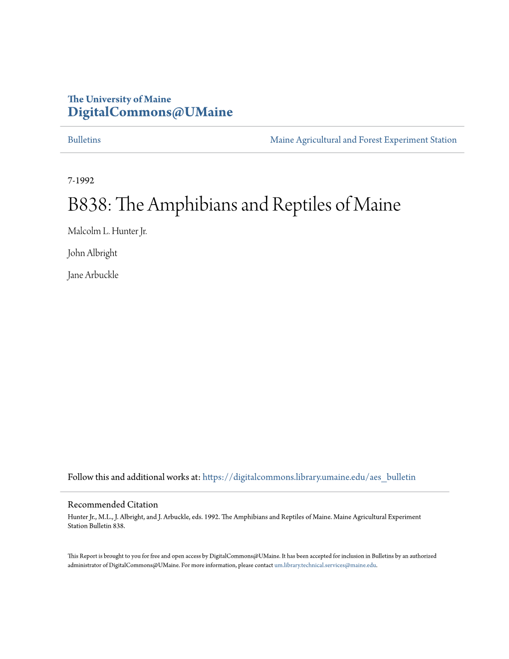 B838: the Amphibians and Reptiles of Maine Malcolm L