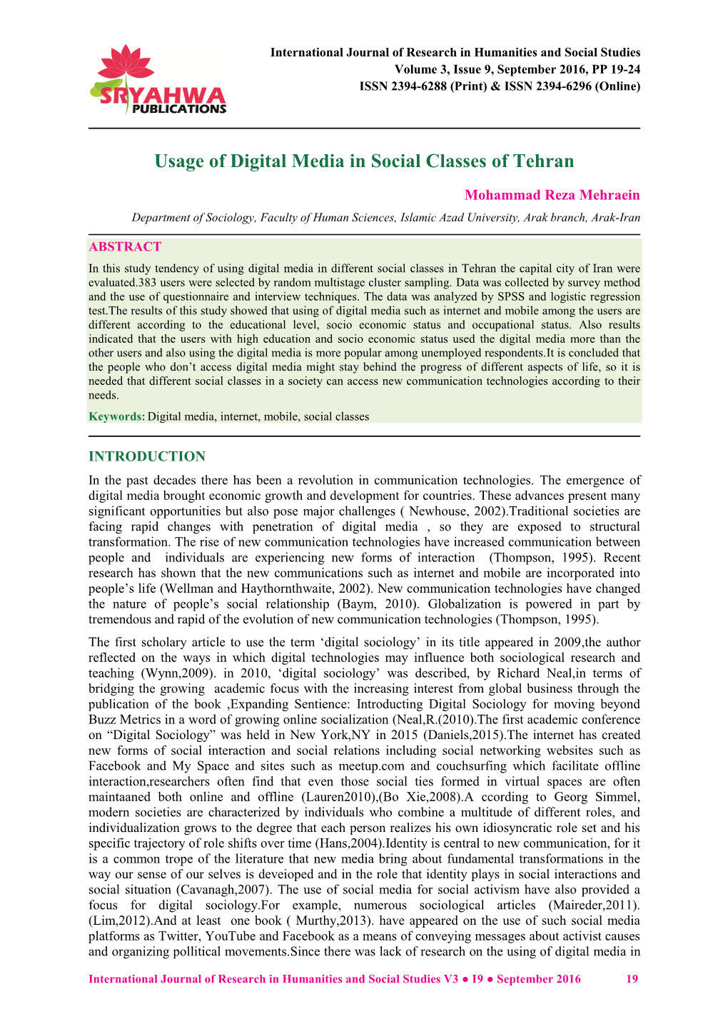 Usage of Digital Media in Social Classes of Tehran