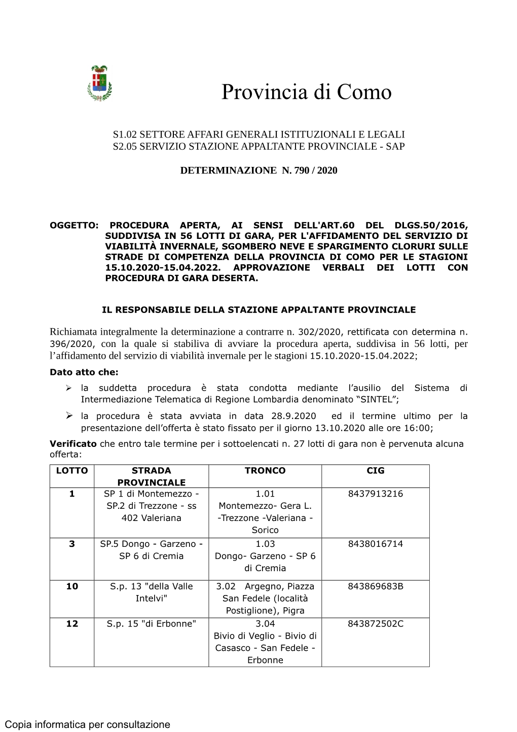 Approvazione Verbali Dei Lotti Con Procedura Di Gara Deserta