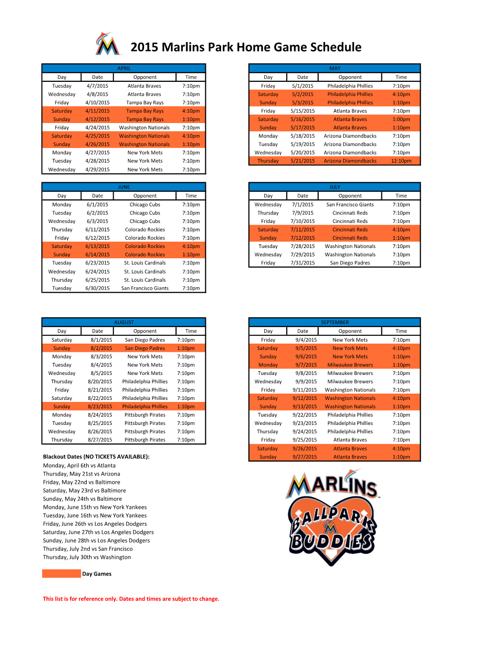 2015 Marlins Park Home Game Schedule