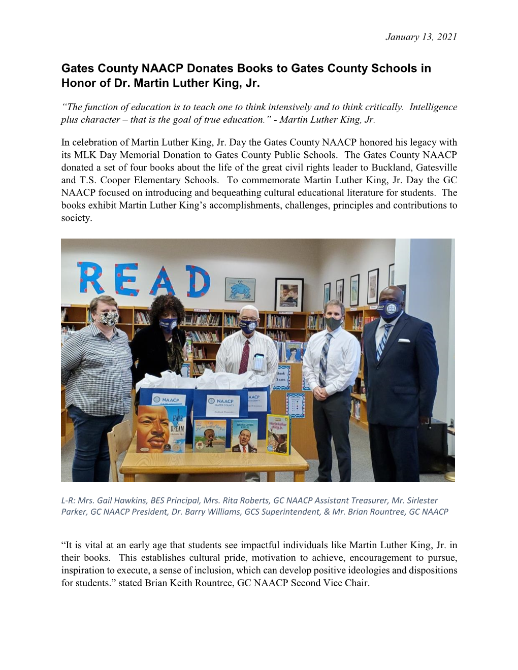 Gates County NAACP Donates Books to Gates County Schools in Honor of Dr