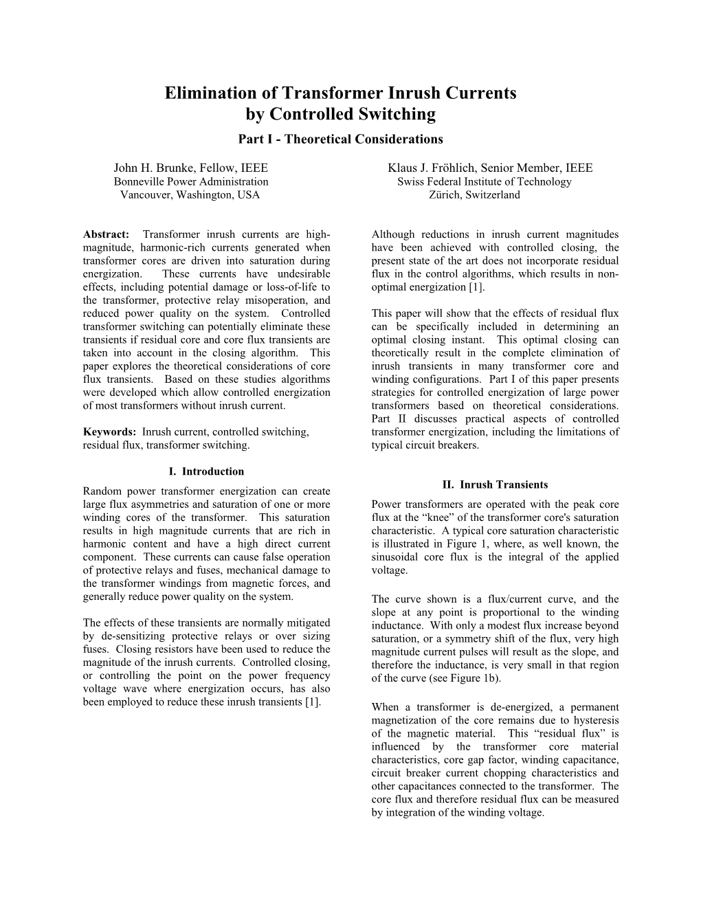 Elimination of Transformer Inrush Currents by Controlled Switching Part I - Theoretical Considerations