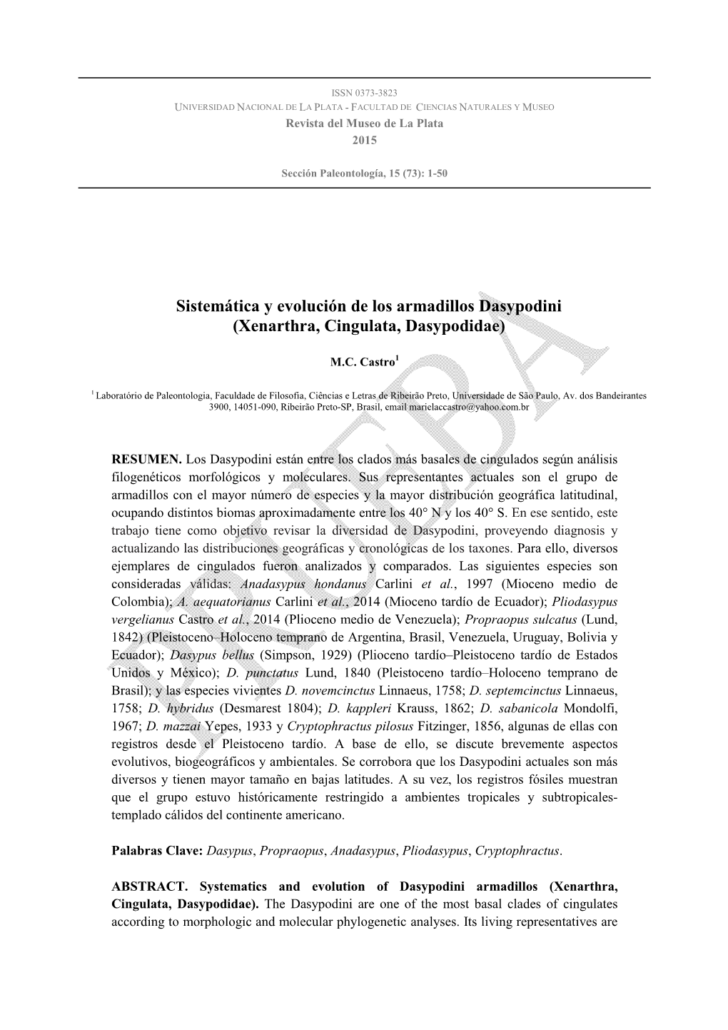 Sistemática Y Evolución De Los Armadillos Dasypodini (Xenarthra, Cingulata, Dasypodidae)