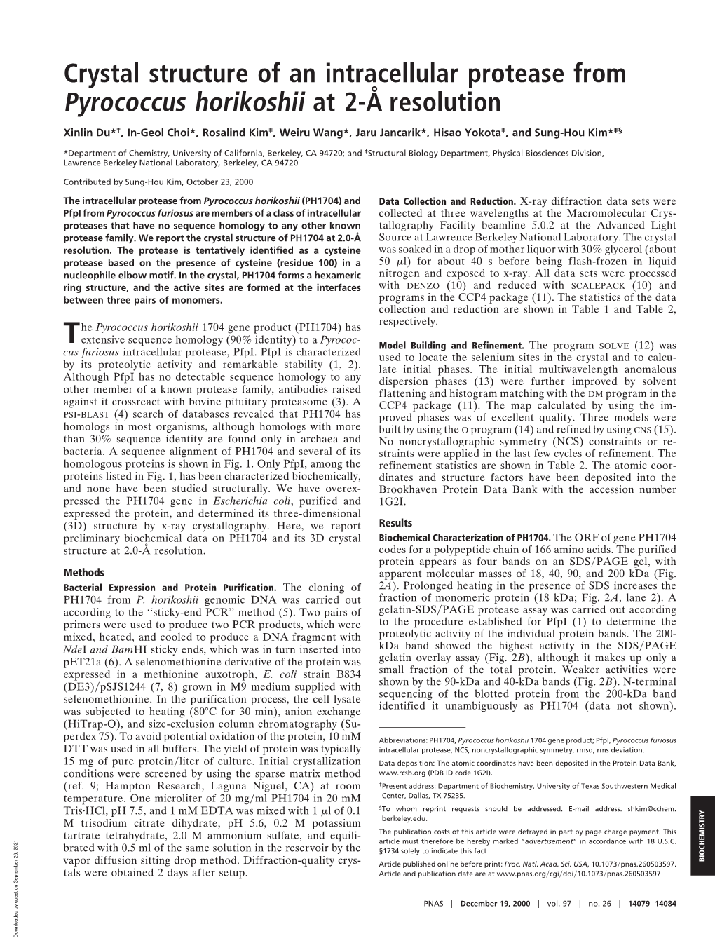 Crystal Structure of an Intracellular Protease from Pyrococcus Horikoshii at 2-Å Resolution