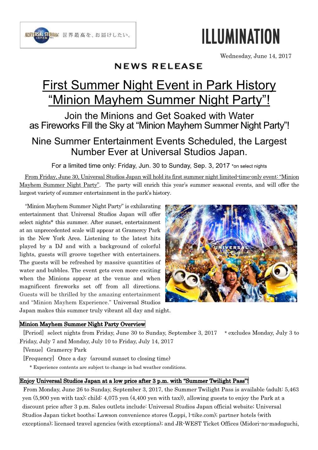 First Summer Night Event in Park History “Minion Mayhem Summer Night Party”!