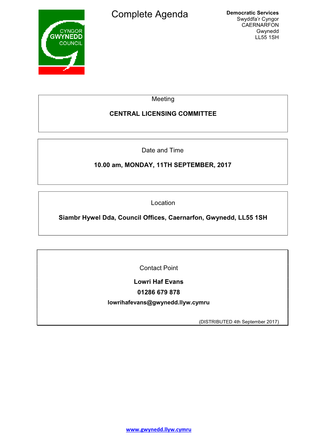 (Public Pack)Agenda Document for Central Licensing Committee, 11/09/2017 10:00