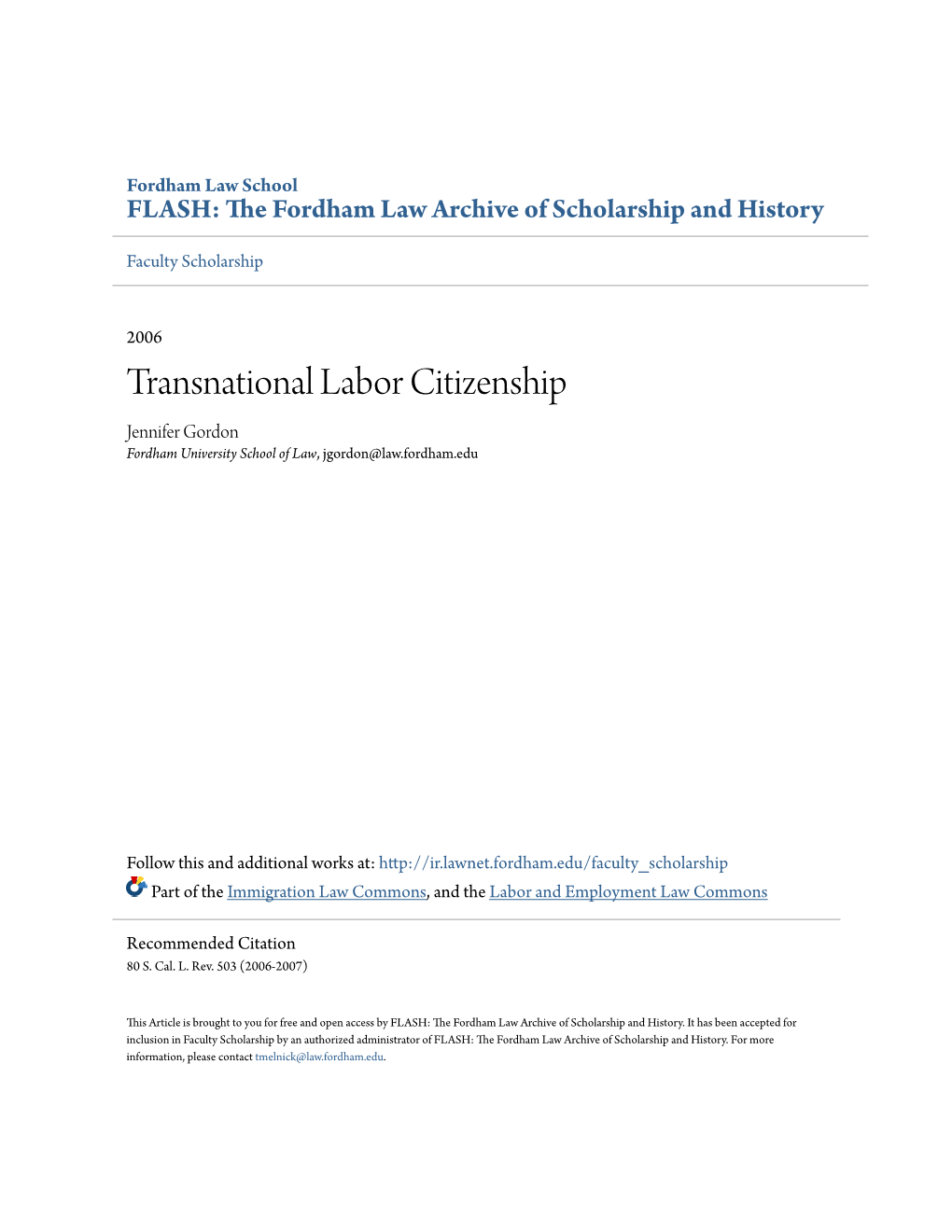 Transnational Labor Citizenship Jennifer Gordon Fordham University School of Law, Jgordon@Law.Fordham.Edu