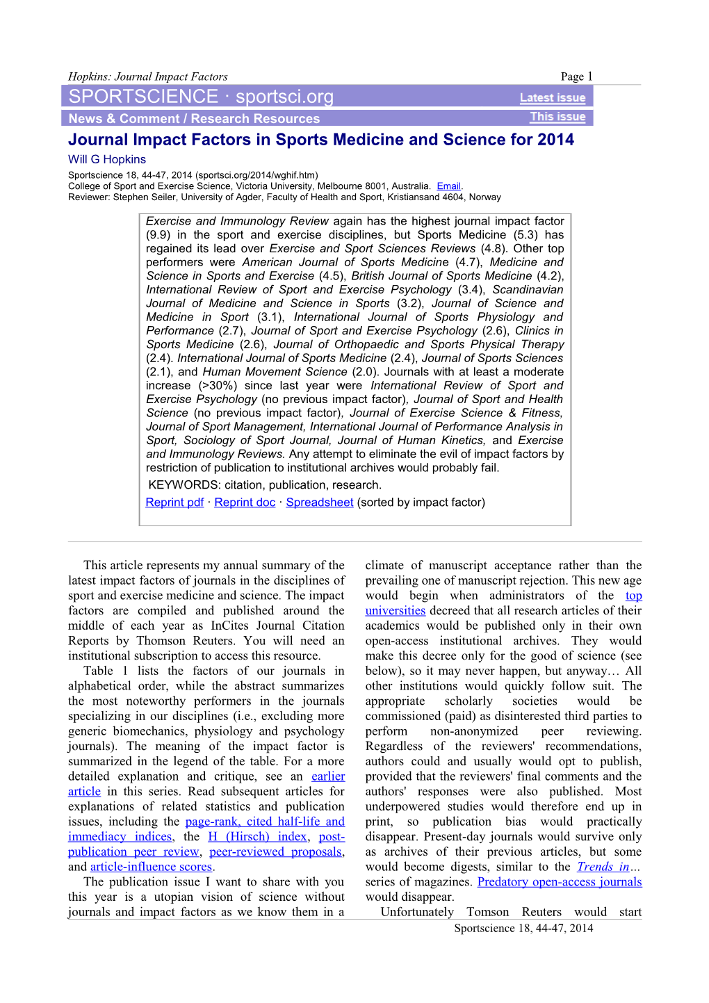 Journal Impact Factors In Sports Medicine And Science For 2014