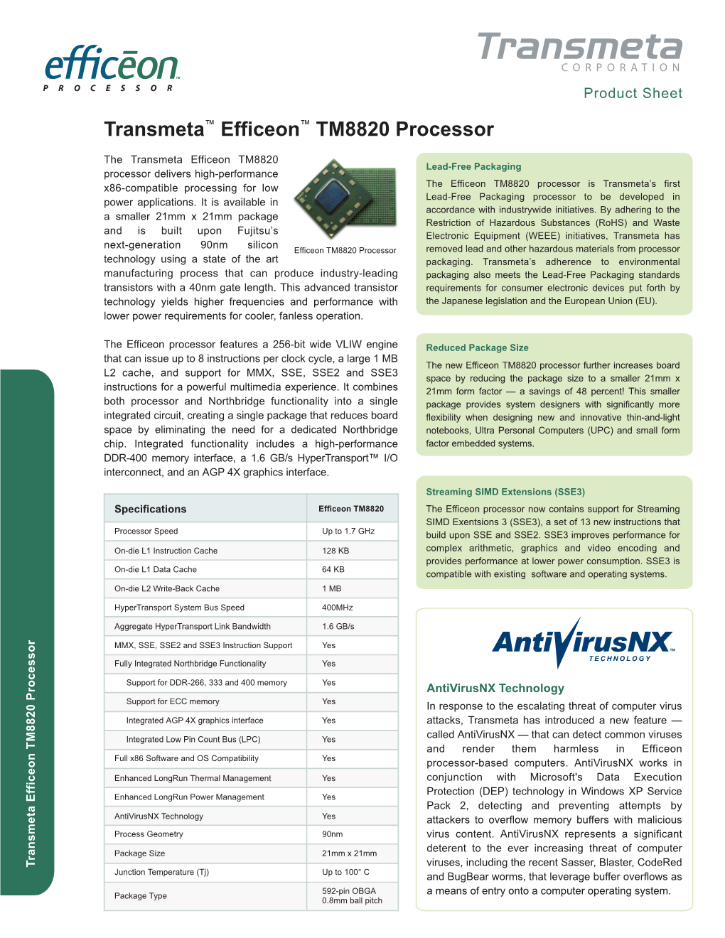 Transmeta Efficeon TM8820 Processor Interconnect, Andanagp 4Xgraphics Interface