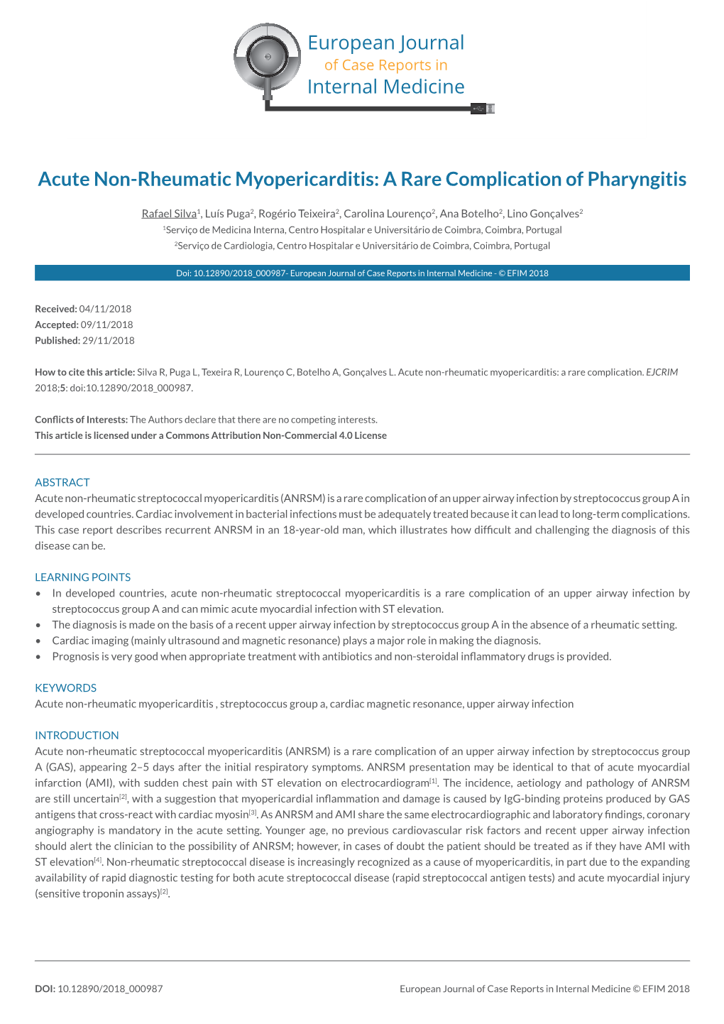 Acute Non-Rheumatic Myopericarditis: a Rare Complication of Pharyngitis