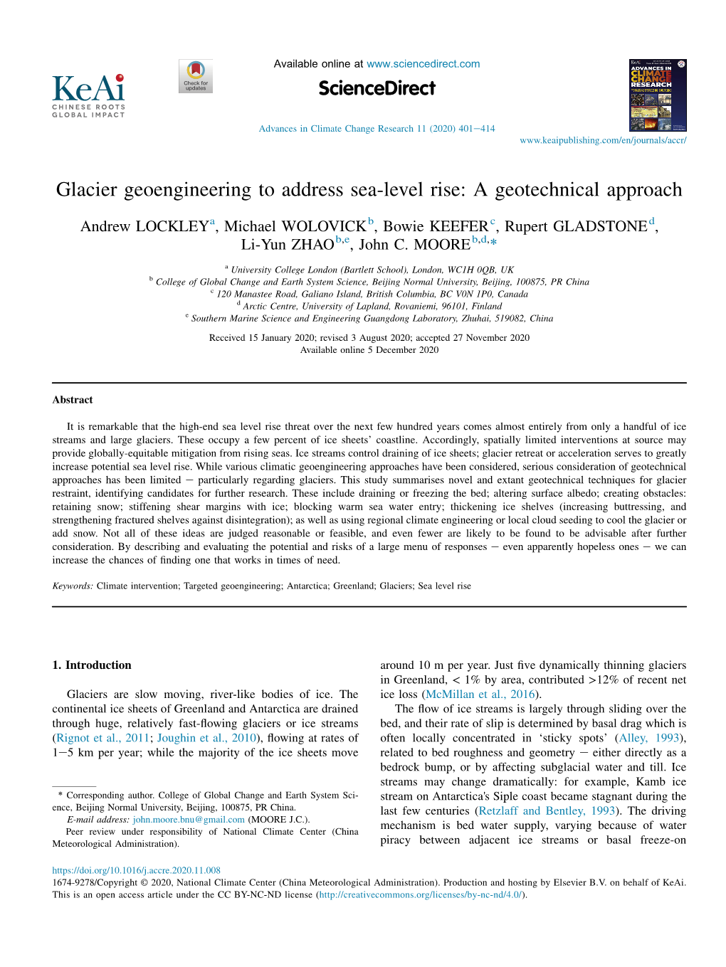 Glacier Geoengineering to Address Sea-Level Rise: a Geotechnical Approach