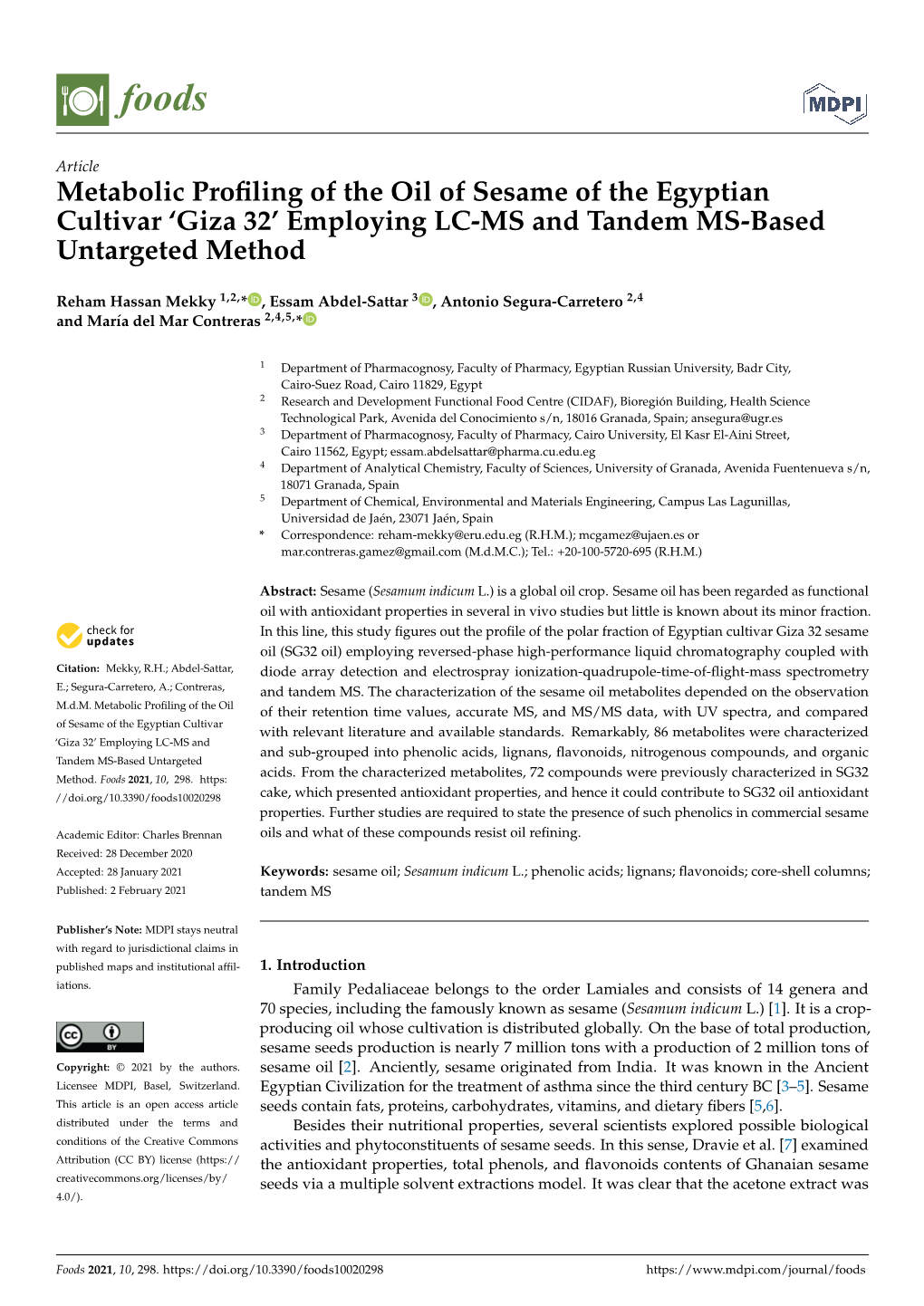 Metabolic Profiling of the Oil of Sesame of the Egyptian Cultivar