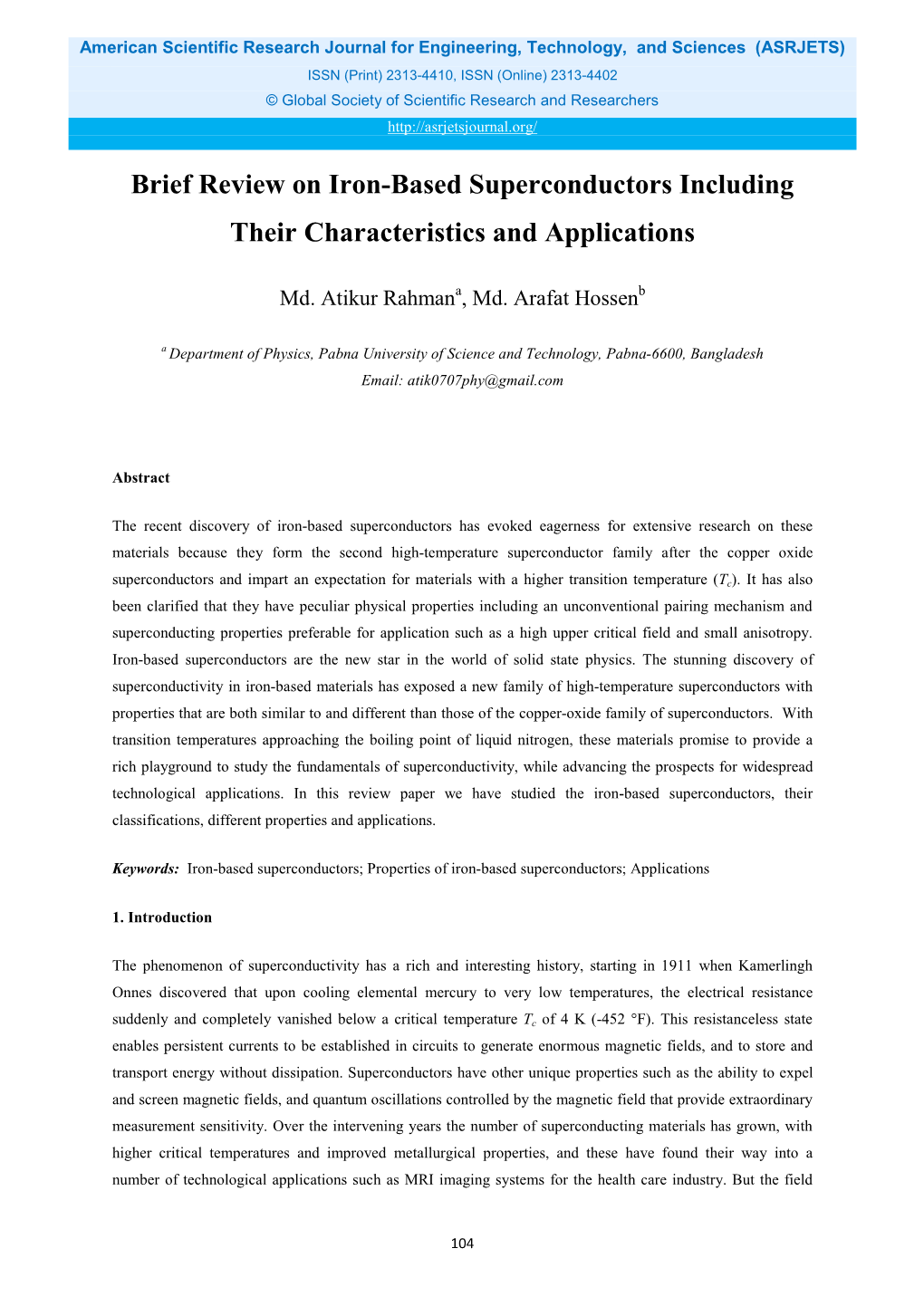 Brief Review on Iron-Based Superconductors Including Their Characteristics and Applications