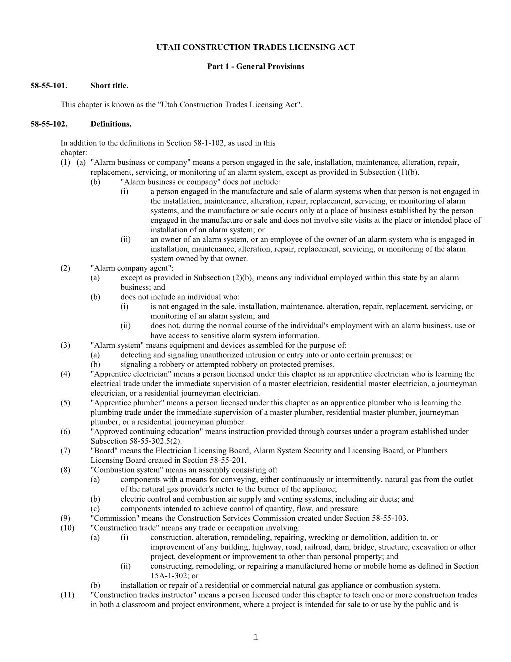 UTAH CONSTRUCTION TRADES LICENSING ACT Part 1