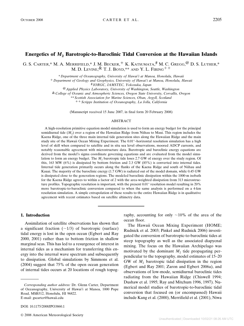 Energetics of M2 Barotropic-To-Baroclinic Tidal Conversion at the Hawaiian Islands � G