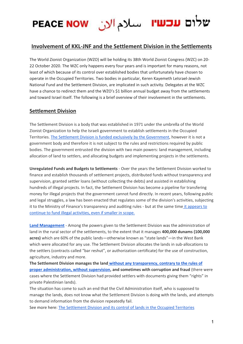 Involvement of KKL-JNF and the Settlement Division in the Settlements