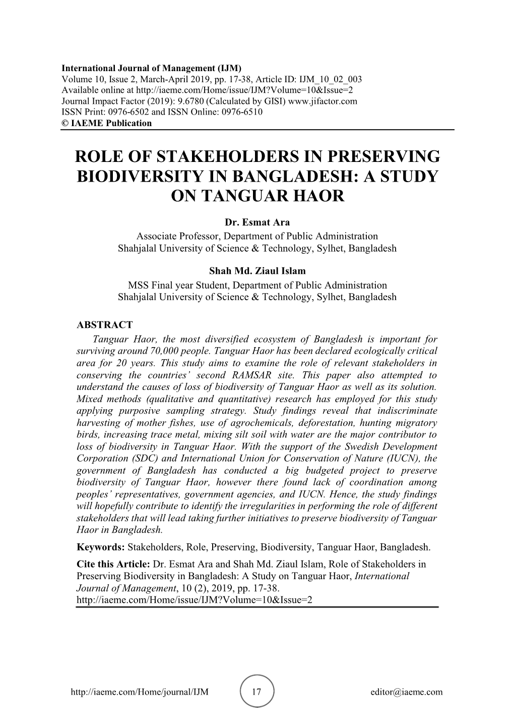 Role of Stakeholders in Preserving Biodiversity in Bangladesh: a Study on Tanguar Haor