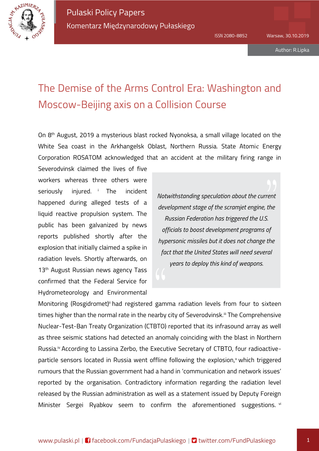 The Demise of the Arms Control Era: Washington and Moscow-Beijing Axis on a Collision Course