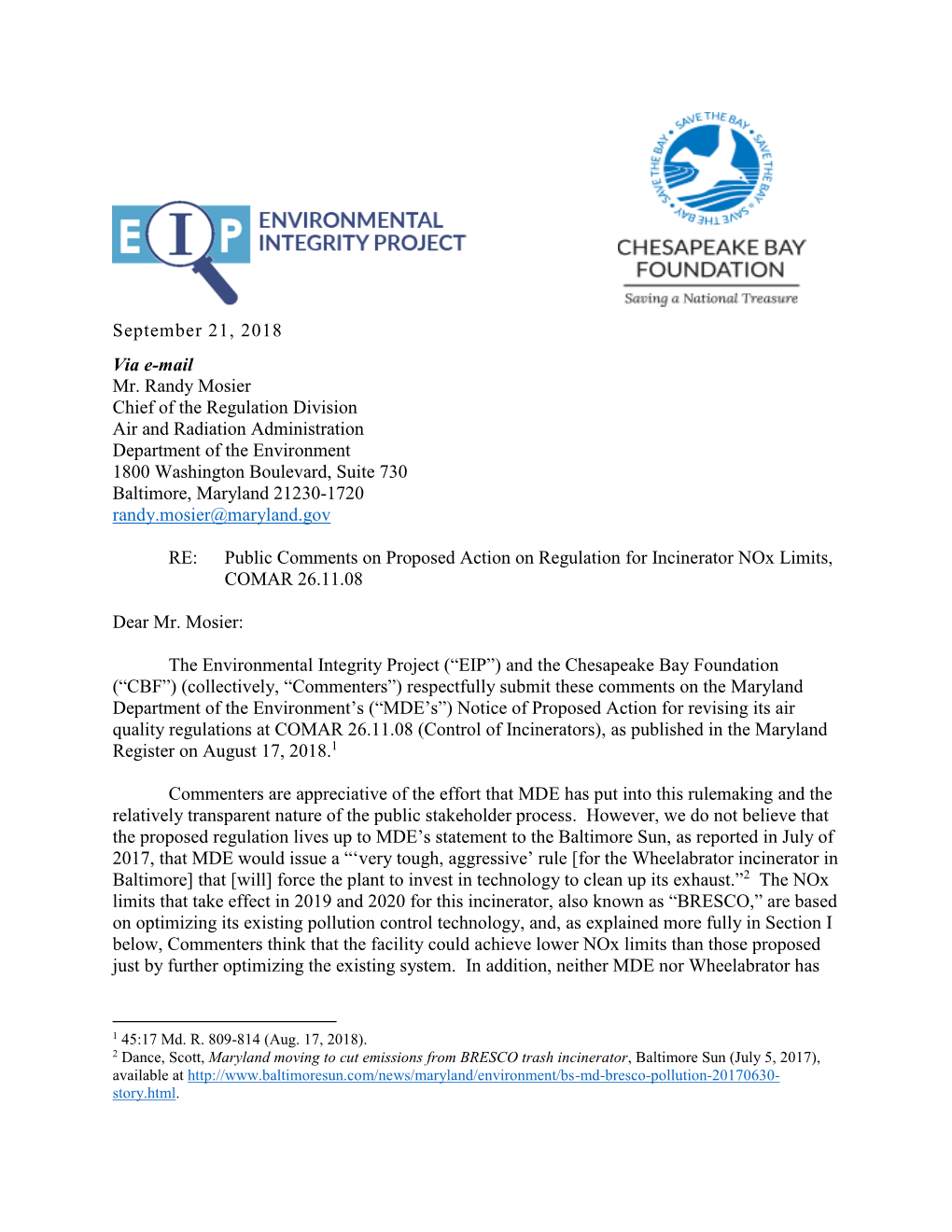 September 21, 2018 Via E-Mail Mr. Randy Mosier Chief of the Regulation Division Air and Radiation Administration Department O