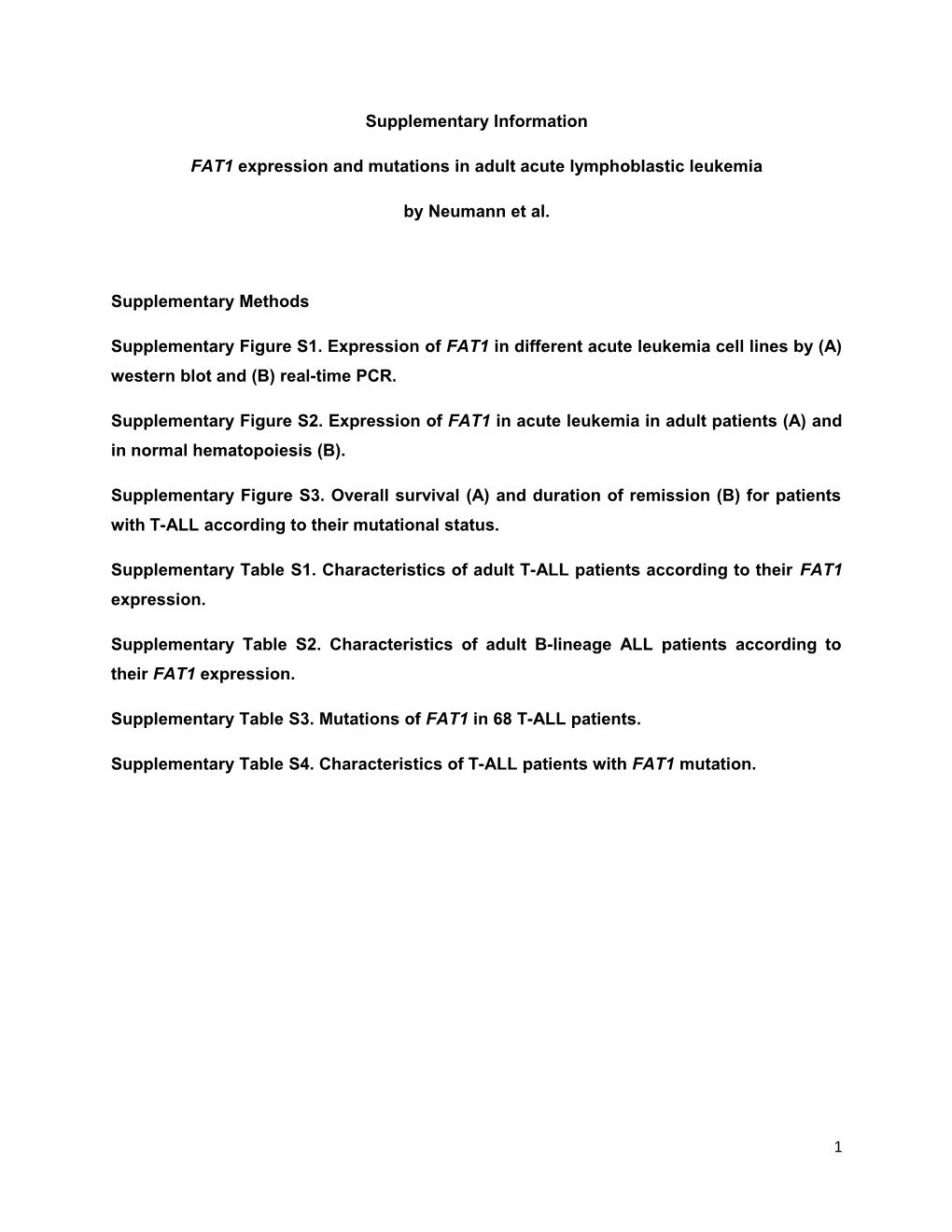 FAT1 Expression and Mutations in Adult Acute Lymphoblastic Leukemia