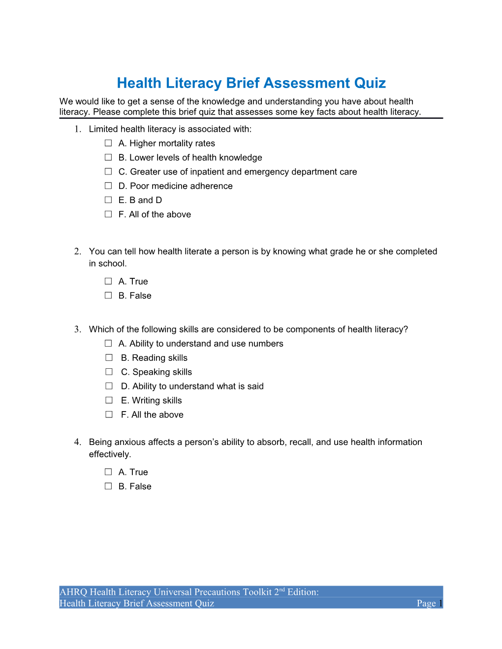 Health Literacy Brief Assessment Quiz