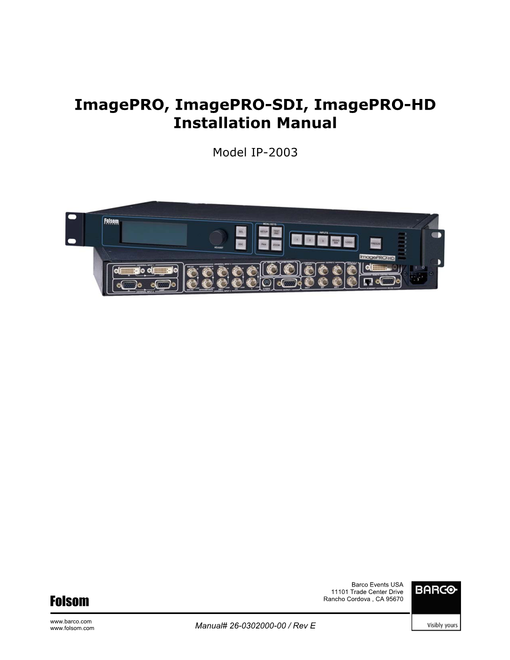 Imagepro, Imagepro-SDI, Imagepro-HD Installation Manual