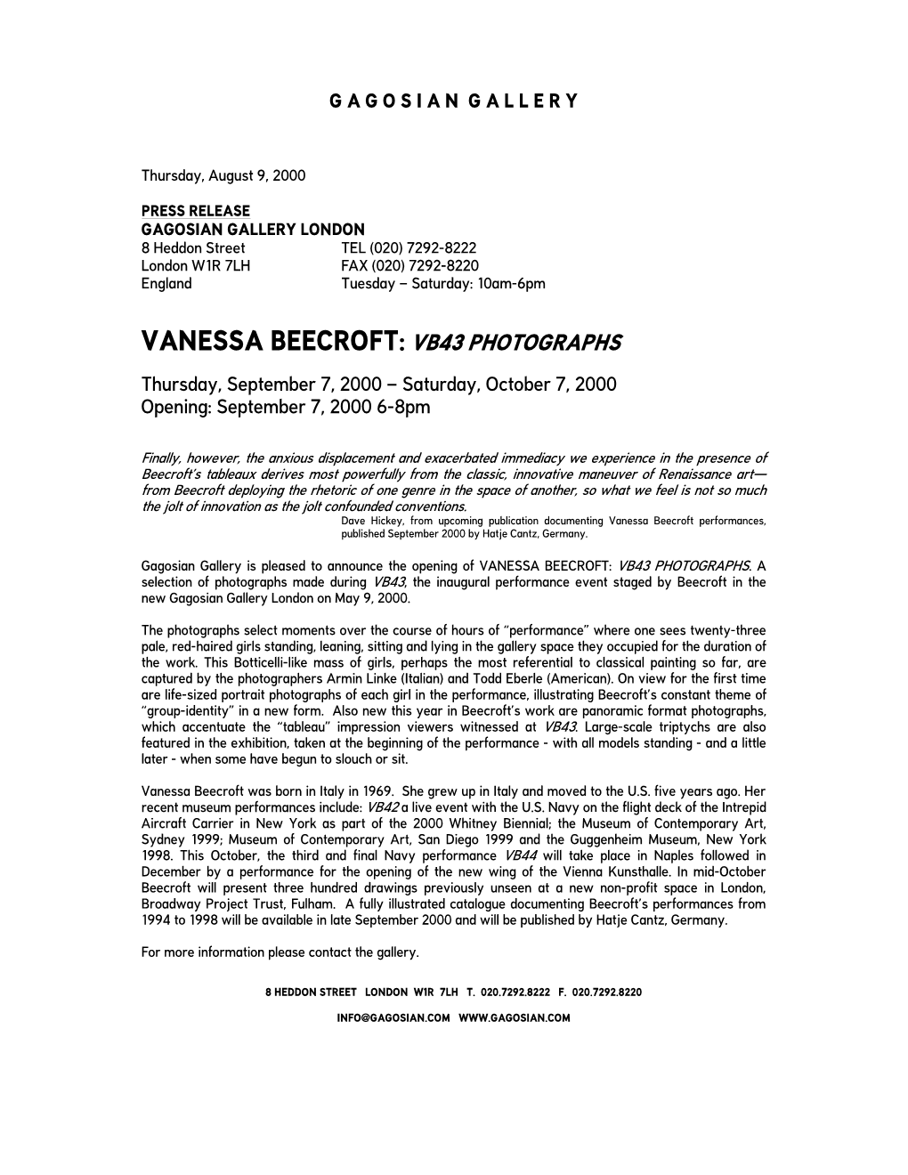 Vanessa Beecroft:Vb43 Photographs