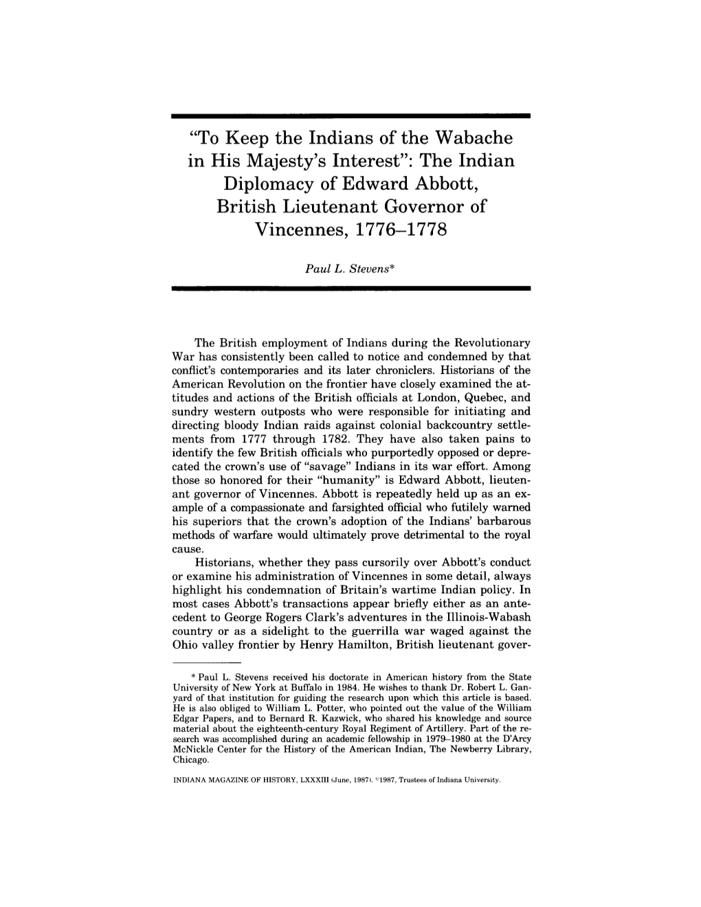 The Indian Diplomacy of Edward Abbott, British Lieutenant Governor of Vincennes, 1776-1778