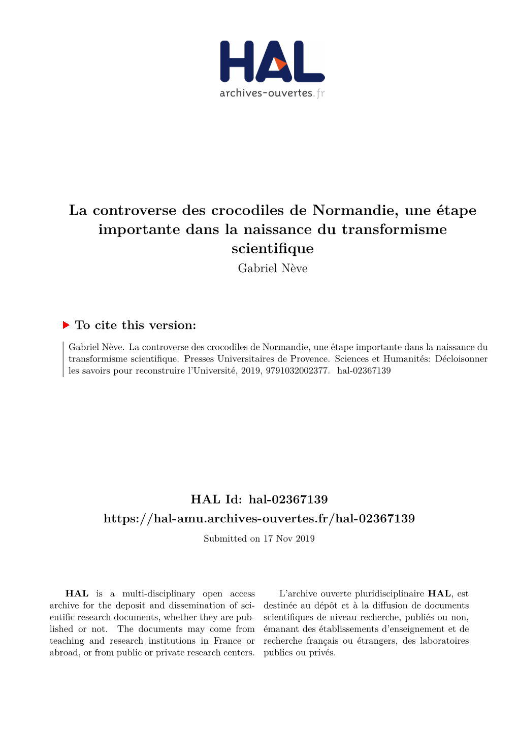La Controverse Des Crocodiles De Normandie, Une Étape Importante Dans La Naissance Du Transformisme Scientifique Gabriel Nève