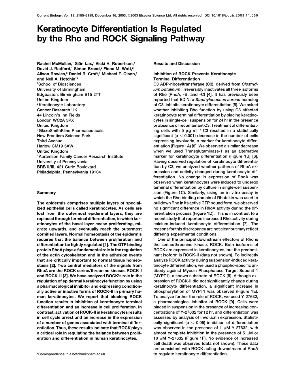 Keratinocyte Differentiation Is Regulated by the Rho and ROCK Signaling Pathway