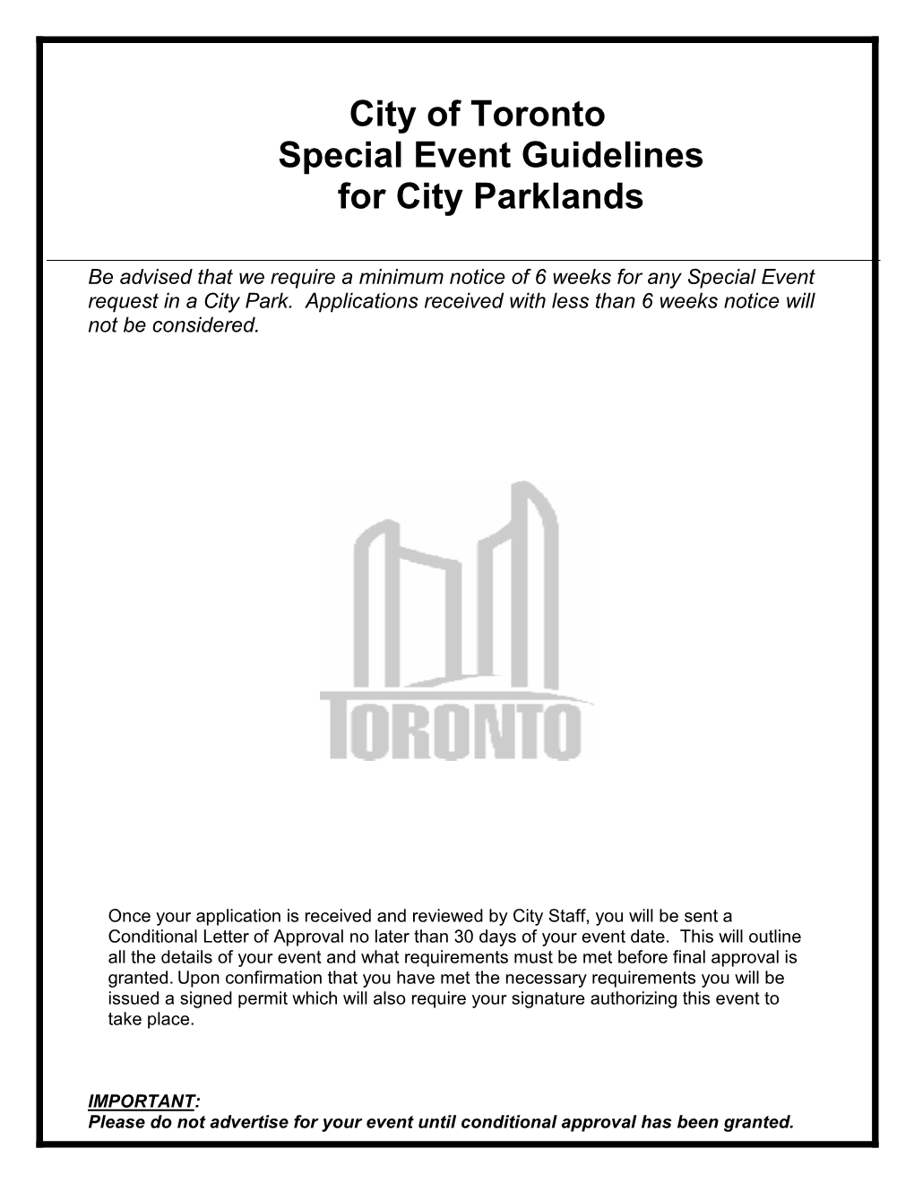 City of Toronto Special Event Guidelines for City Parklands