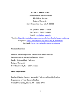 GARY A. RENDSBURG Department of Jewish Studies 12 College Avenue Rutgers University New Brunswick, N.J., U.S.A