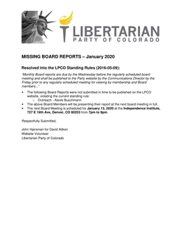MISSING BOARD REPORTS – January 2020