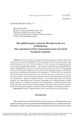 The Political Party System in Slovakia in the Era of Mečiarism the Experiences of the Young Democracies of Central European Countries