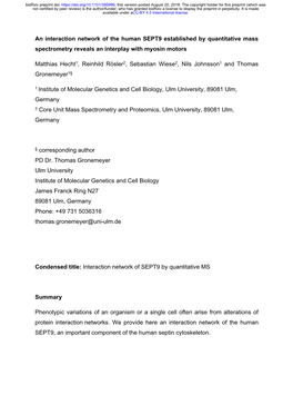An Interaction Network of the Human SEPT9 Established by Quantitative Mass Spectrometry Reveals an Interplay with Myosin Motors