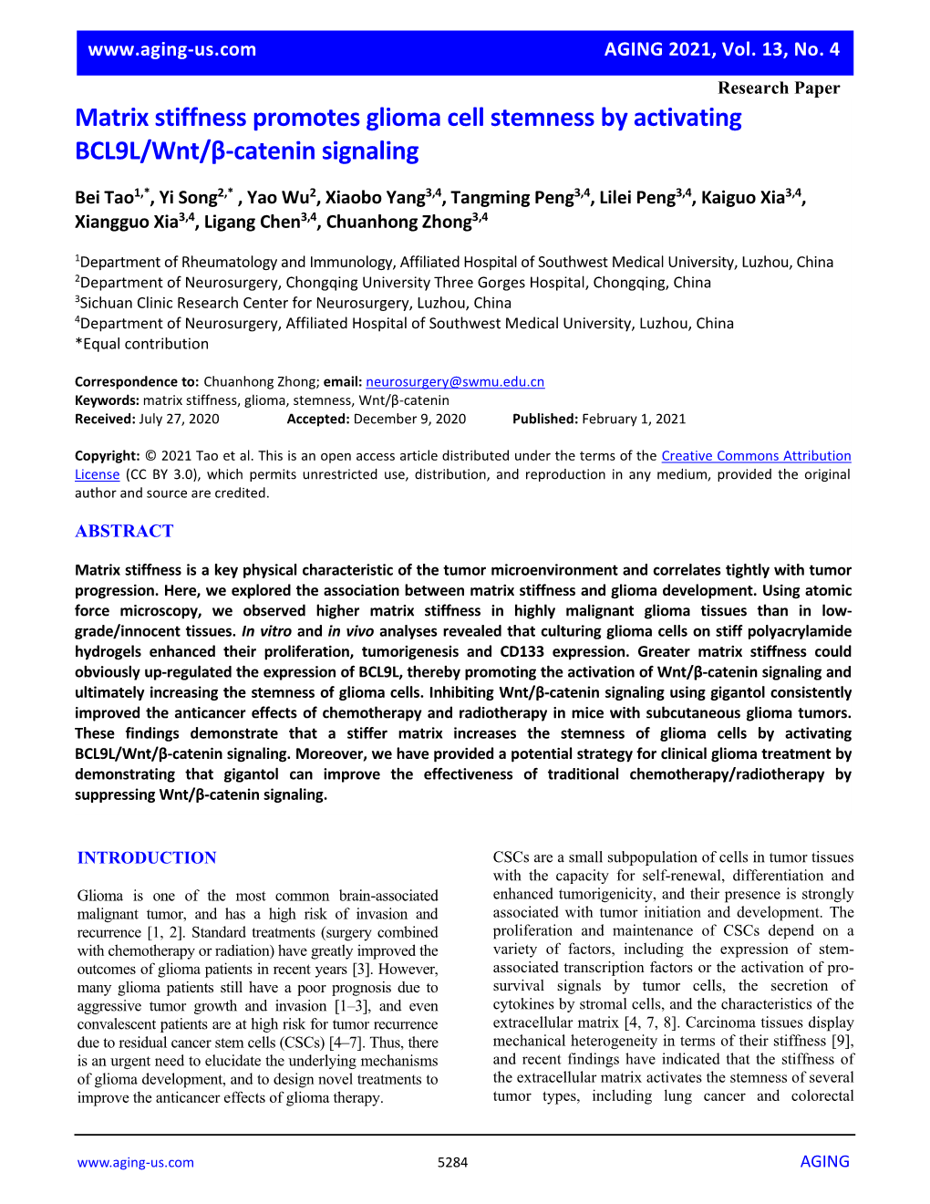 Matrix Stiffness Promotes Glioma Cell Stemness by Activating BCL9L/Wnt/Β-Catenin Signaling