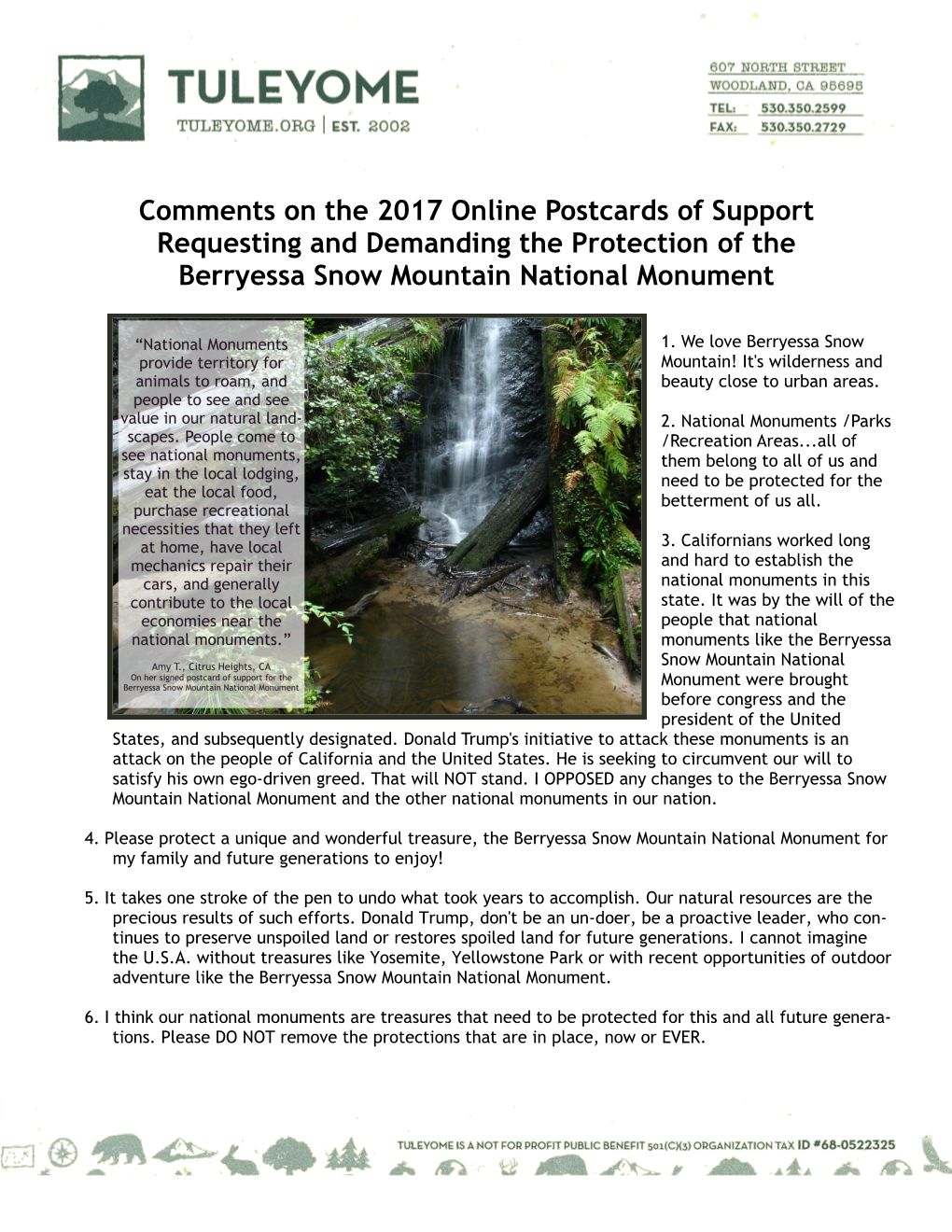 Comments on the 2017 Online Postcards of Support Requesting and Demanding the Protection of the Berryessa Snow Mountain National Monument