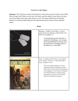 Text Set 4: Code Talkers Summary: This Collection Contains Fictionalized
