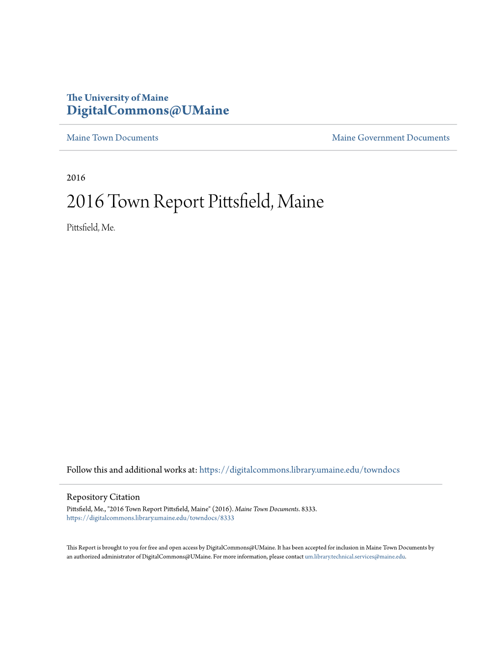 2016 Town Report Pittsfield, Maine Pittsfield, Me