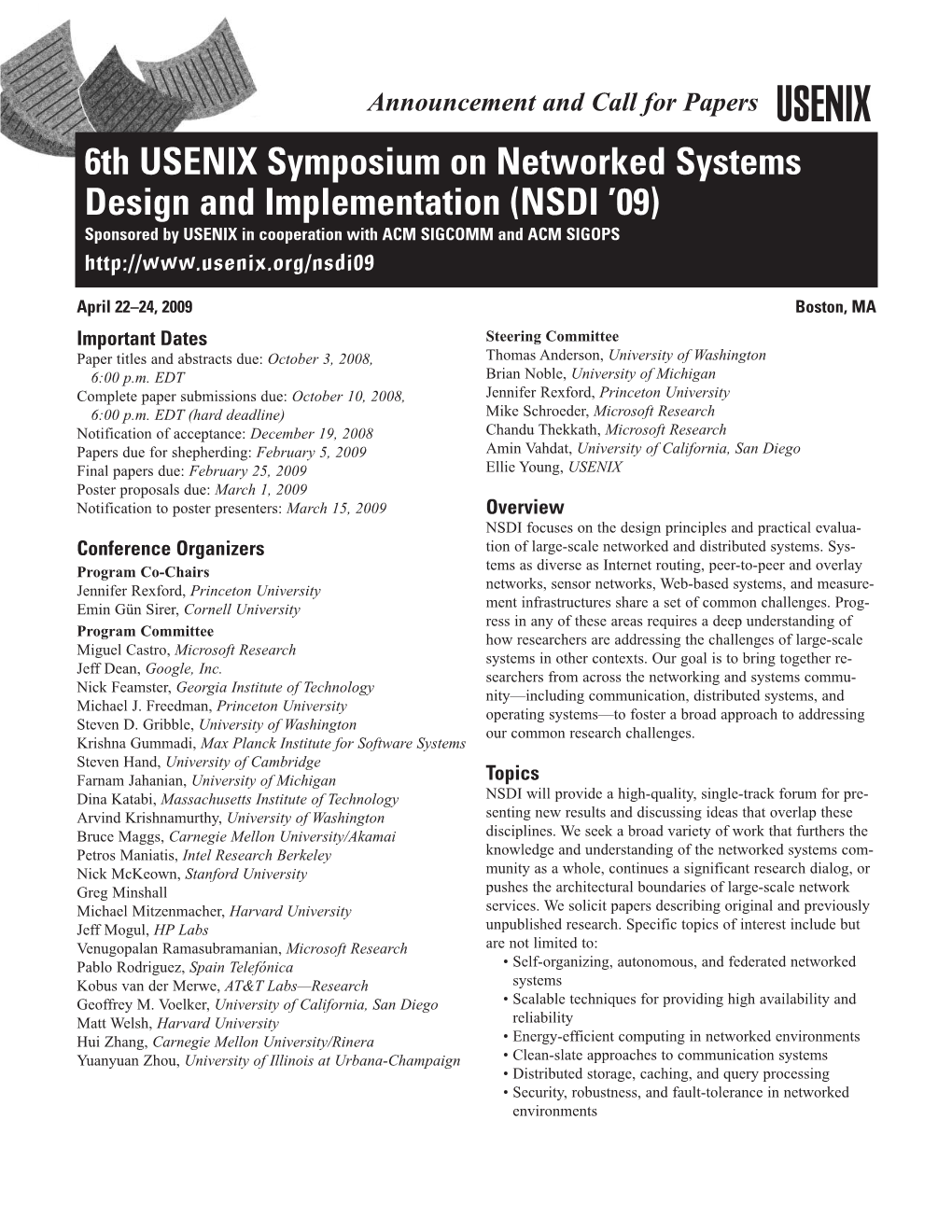 6Th USENIX Symposium on Networked Systems Design And