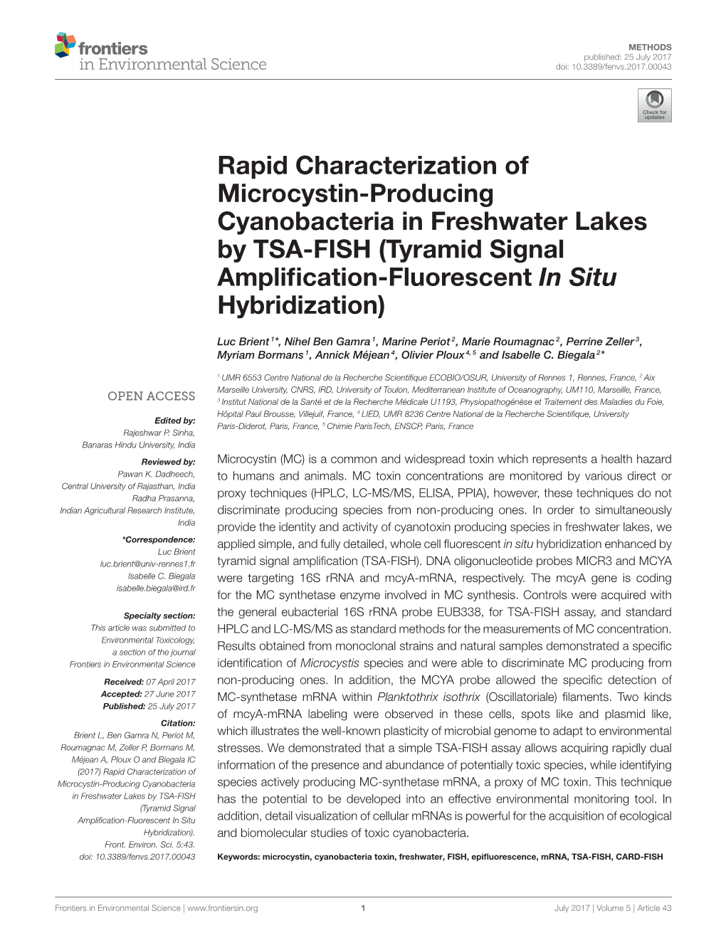 Rapid Characterization of Microcystin-Producing Cyanobacteria in Freshwaterlakes by TSA-FISH