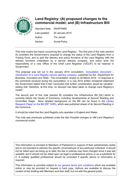 Land Registry: (A) Proposed Changes to the Commercial Model; and (B) Infrastructure Bill