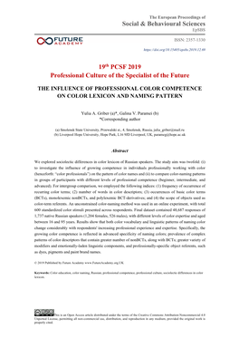 Social & Behavioural Sciences 19Th PCSF 2019 Professional Culture Of