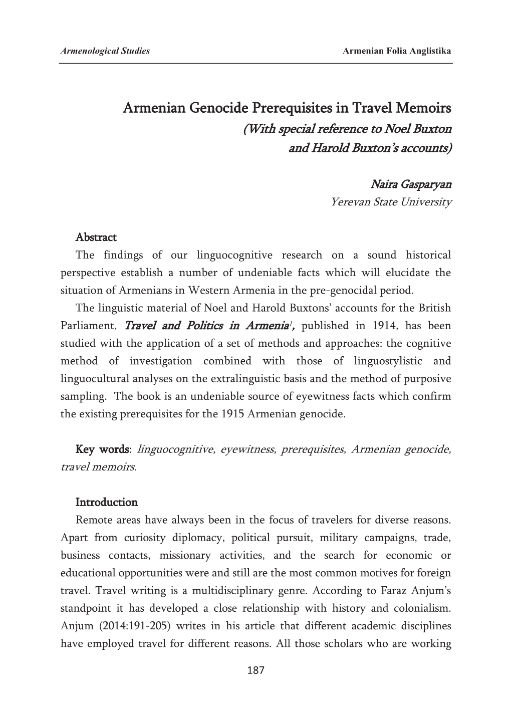 Armenian Genocide Prerequisites in Travel Memoirs (With Special Reference to Noel Buxton and Harold Buxton’S Accounts)