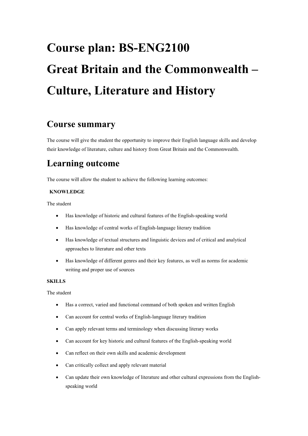 Course Plan: BS-ENG2100 Great Britain and the Commonwealth Culture, Literature and History