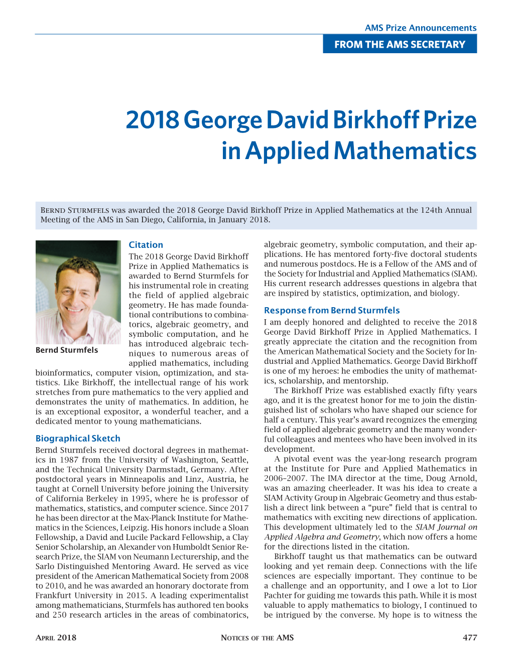 2018 George David Birkhoff Prize in Applied Mathematics