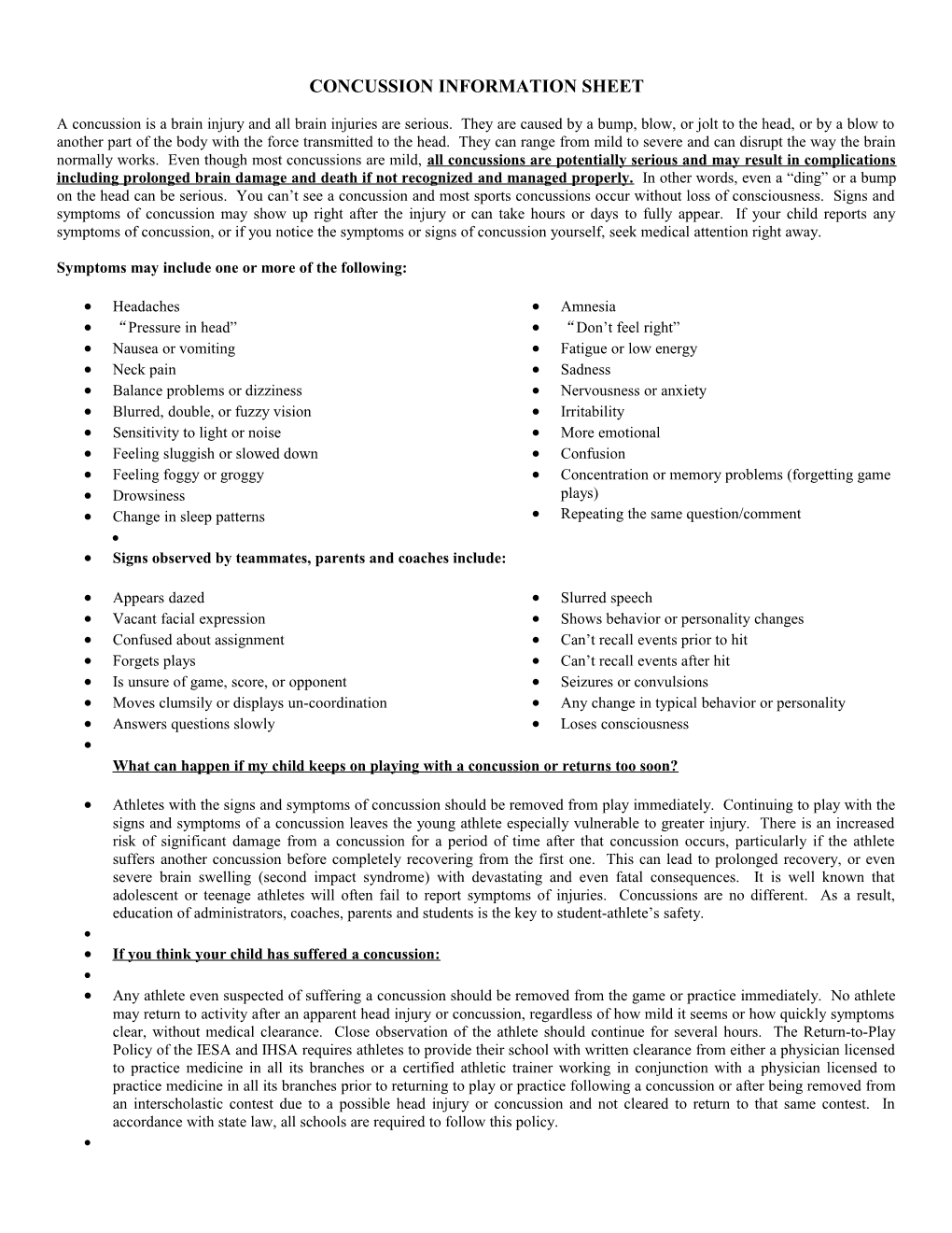 Concussion Information Sheet