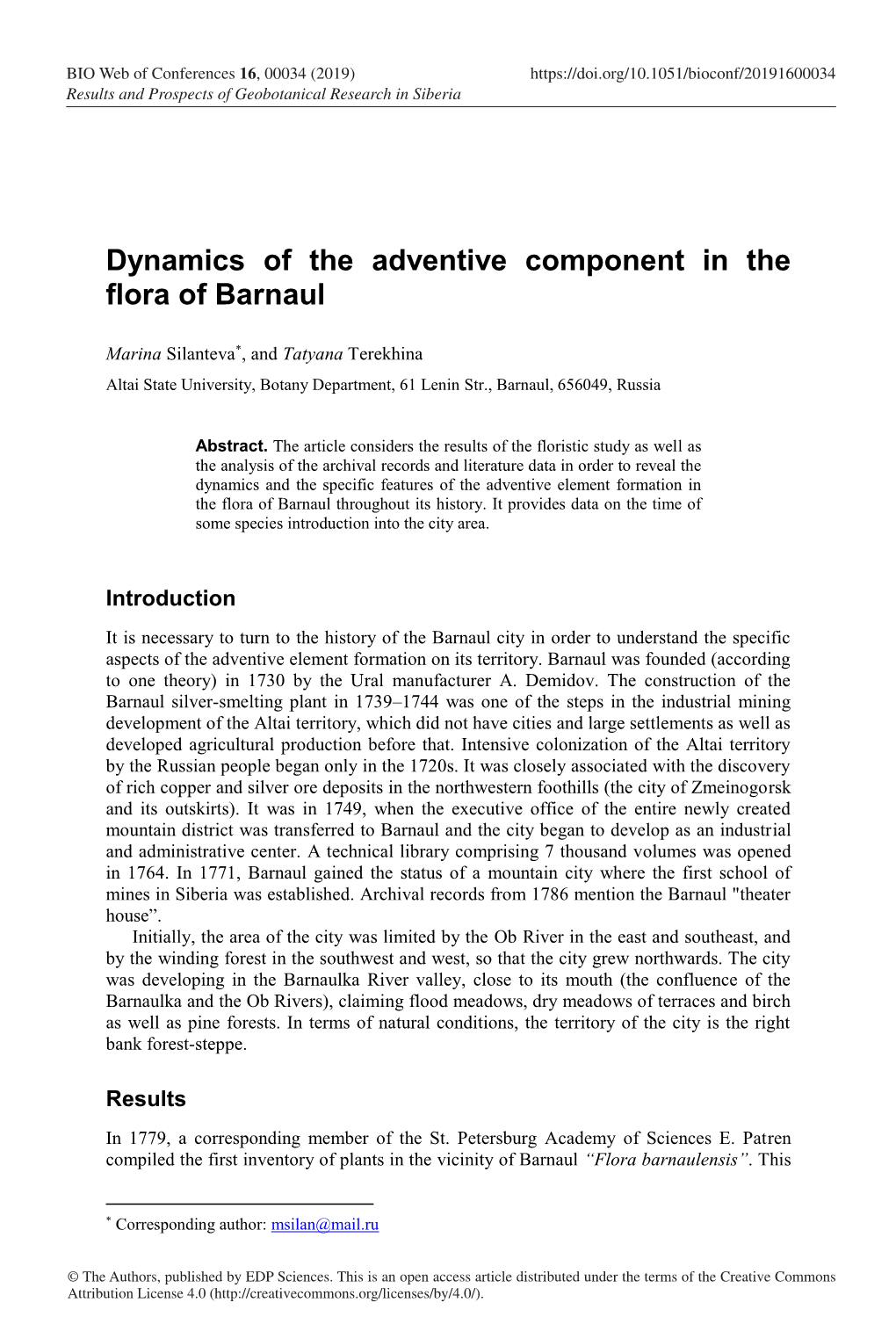 Dynamics of the Adventive Component in the Flora of Barnaul