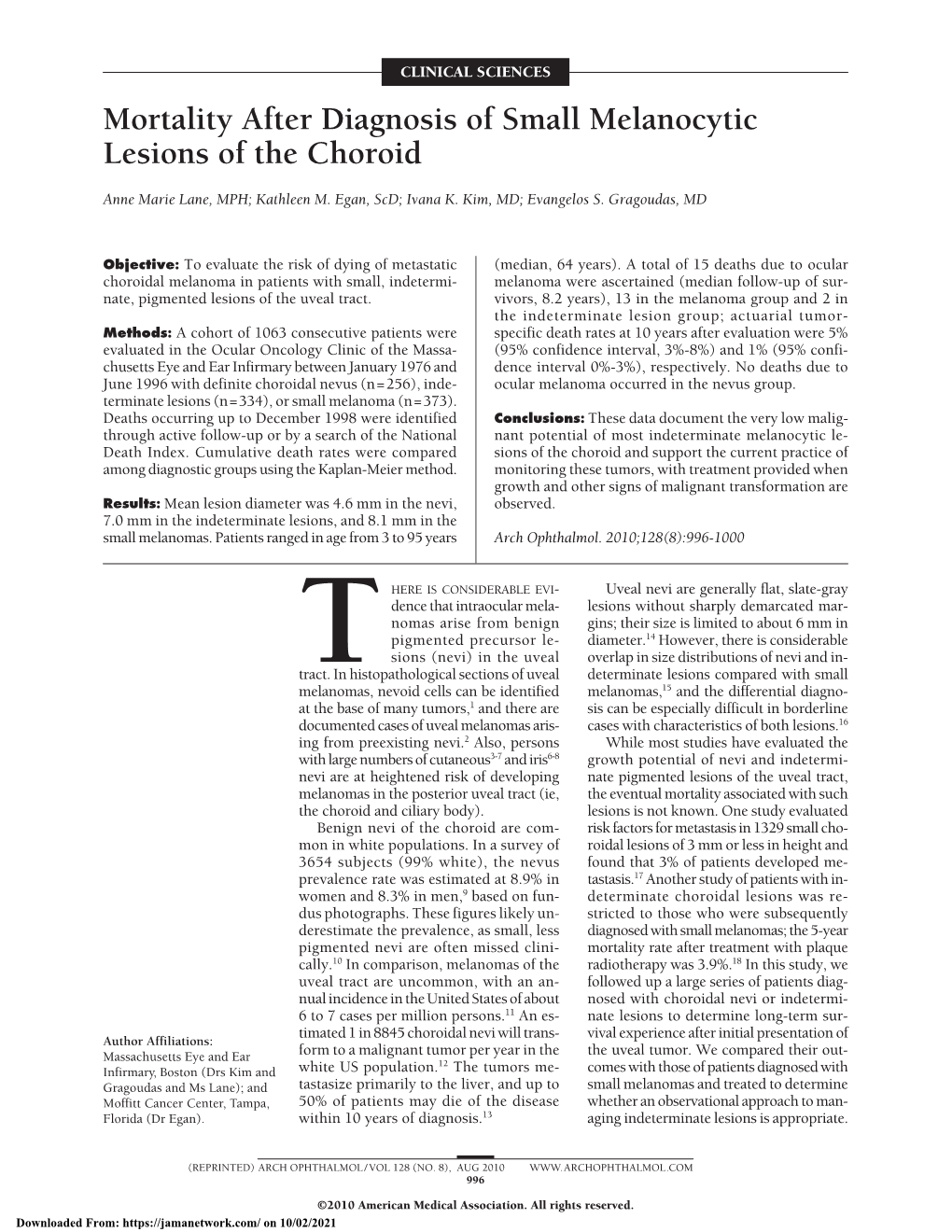 Mortality After Diagnosis of Small Melanocytic Lesions of the Choroid