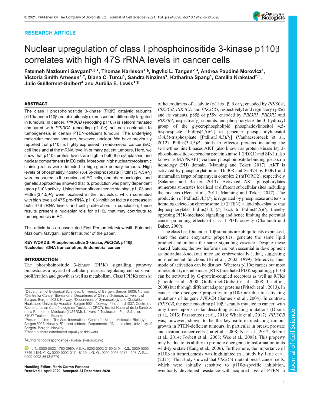 Nuclear Upregulation of Class I Phosphoinositide 3-Kinase P110β